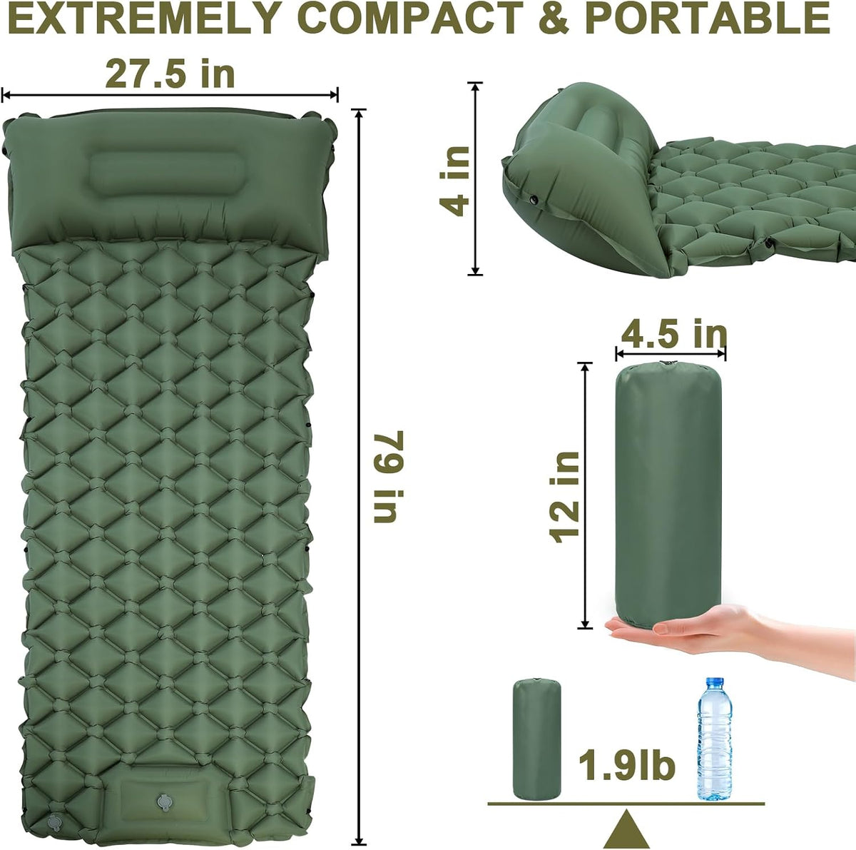 Self Inflating Sleeping Pad for Camping with Seat Cushion, Single, Green