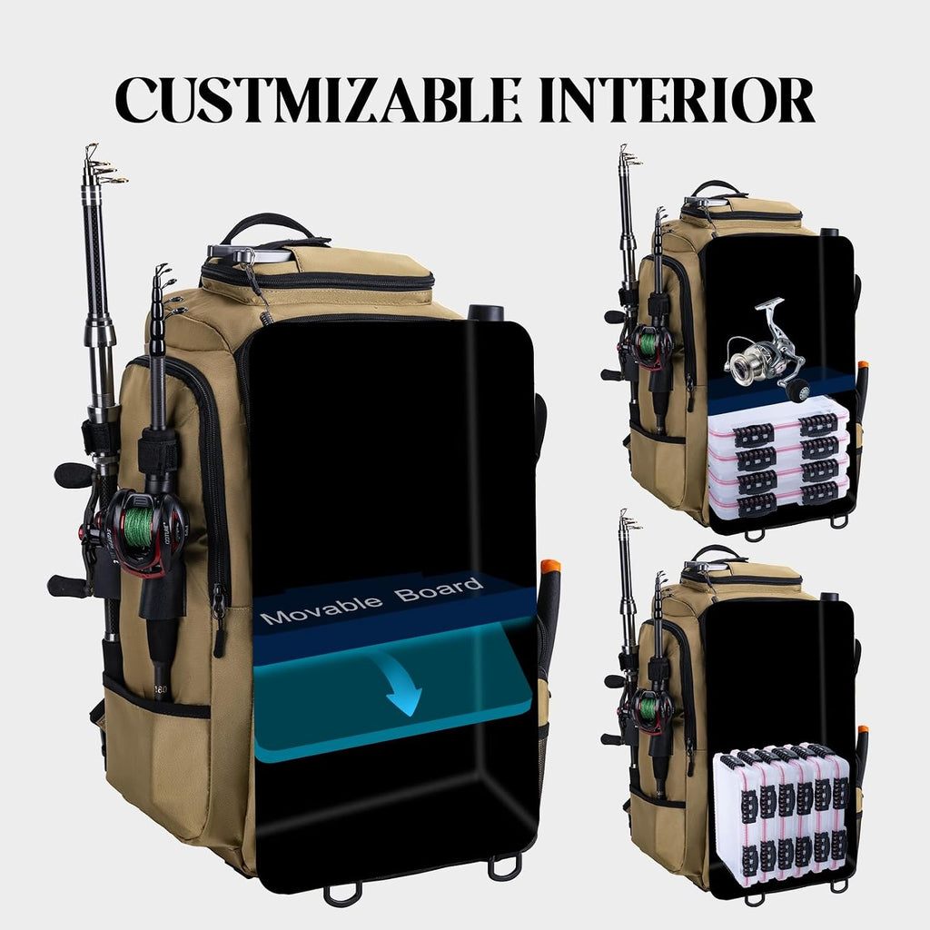 Goture 40L Khaki Fishing Tackle Backpack w/Cooler & fishing tackle boxes