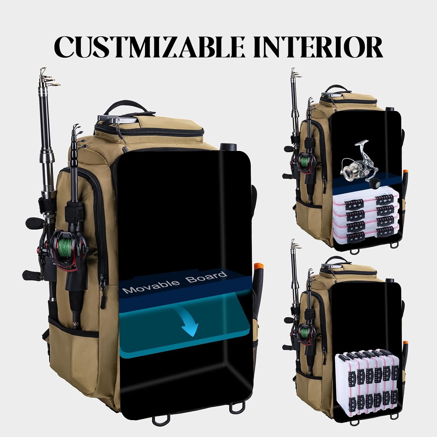 Goture 40L Khaki Fishing Tackle Backpack w/Cooler & fishing tackle boxes