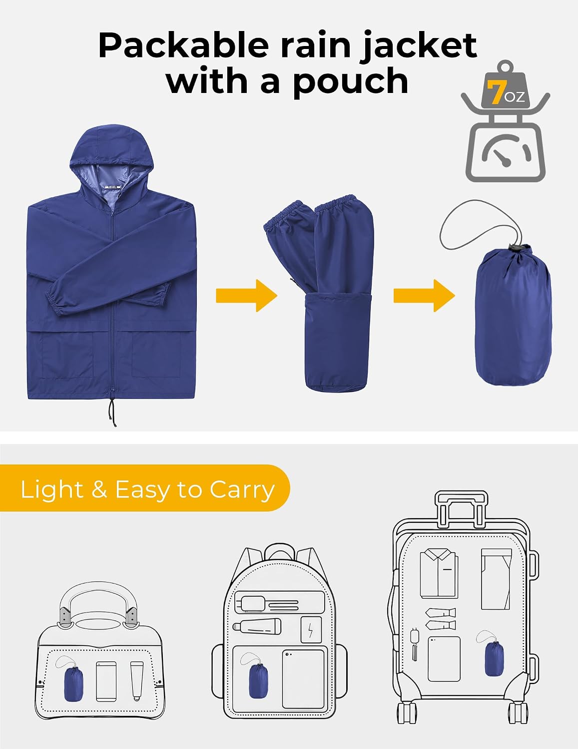 COOFANDY Mens Packable Rain Jacket Lightweight Waterproof Raincoat with Hood Outdoor Rain Gear Travel Hiking Cycling