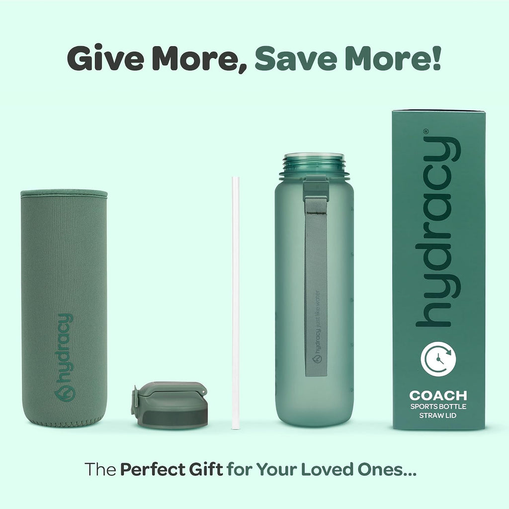 Hydracy Motivational Water Bottle with Time Marker and Straw Lid 32 oz
