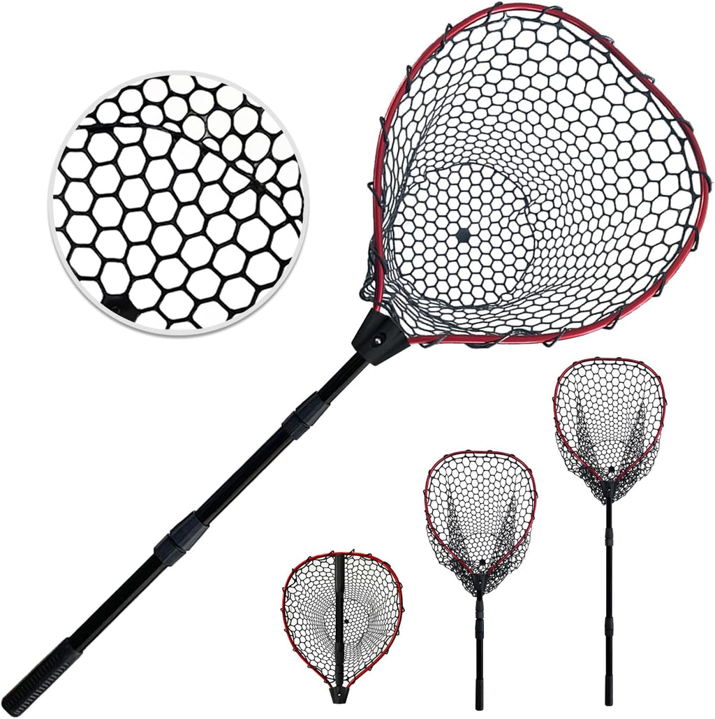 Telescoping Metal Lock Fishing Net with Handle Red Green 64" 52" Rubber Fish Net - Adjustable Length Lightweight Foldable Large Big Collapsible Extendable Fishing Net