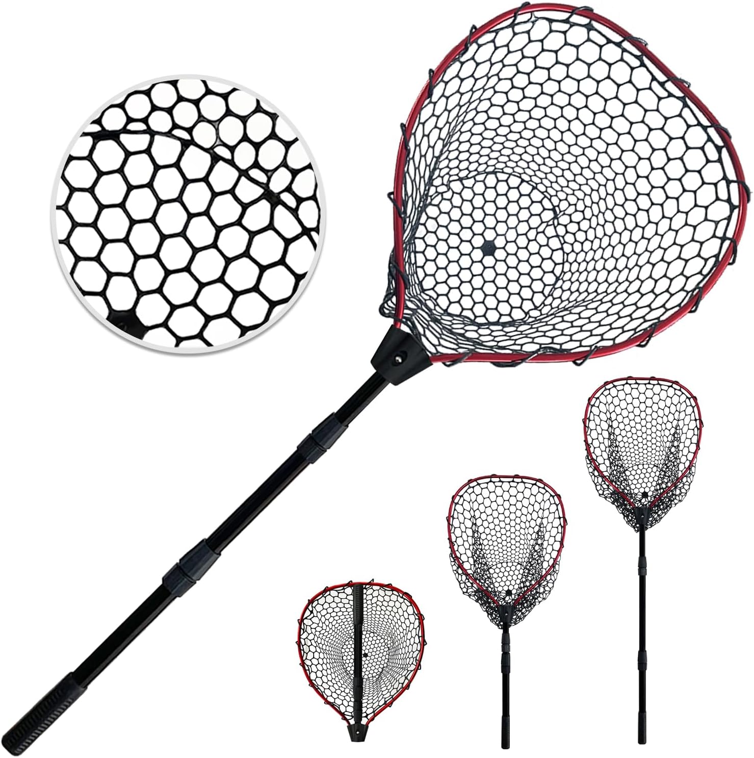 Telescoping Metal Lock Fishing Net with Handle Red Green 64" 52" Rubber Fish Net - Adjustable Length Lightweight Foldable Large Big Collapsible Extendable Fishing Net
