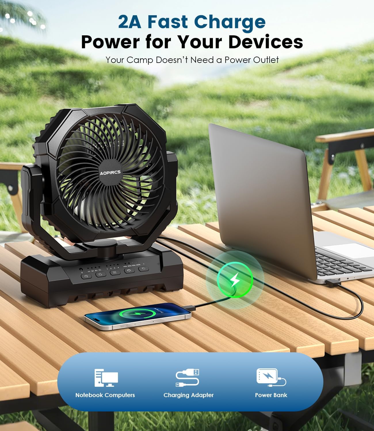 Camping Fan Rechargeable, 24000mAh Battery Powered Fan with LED Light, Hook