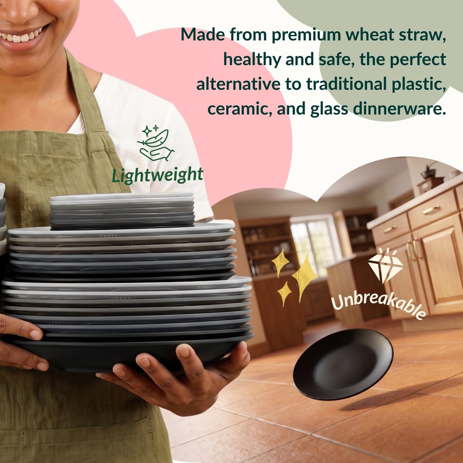 Homienly 40 PCS Kitchen Plates and Bowls Sets for 8 Wheat Straw Dinnerware Sets Microwave and Dishwasher Safe Camping Dish Set Plate Set, Kids, Reusable, Unbreakable, Lightweight-BlackGrey