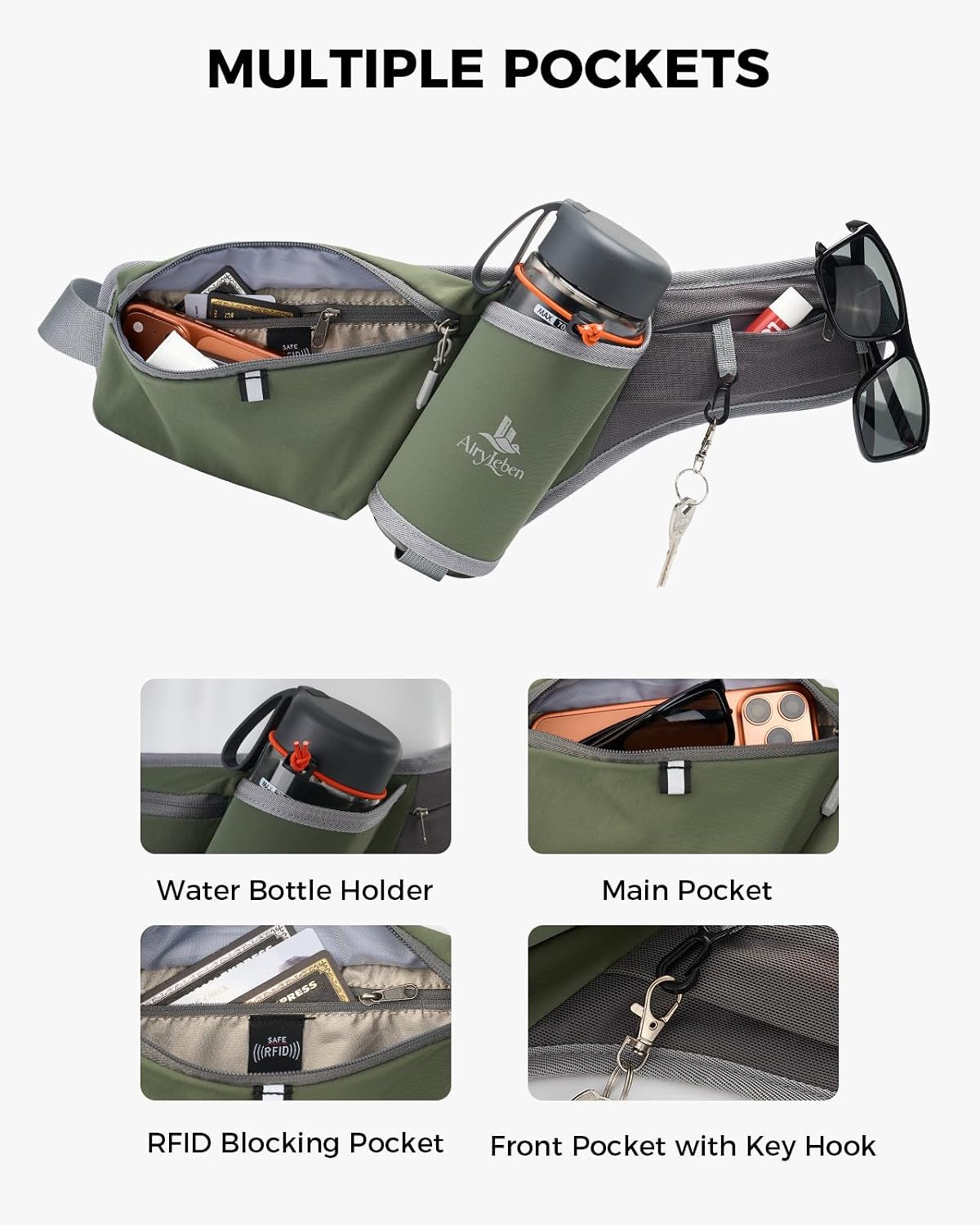 Fanny Pack with Water Bottle Holder, RFID Blocking Running Belt Bag