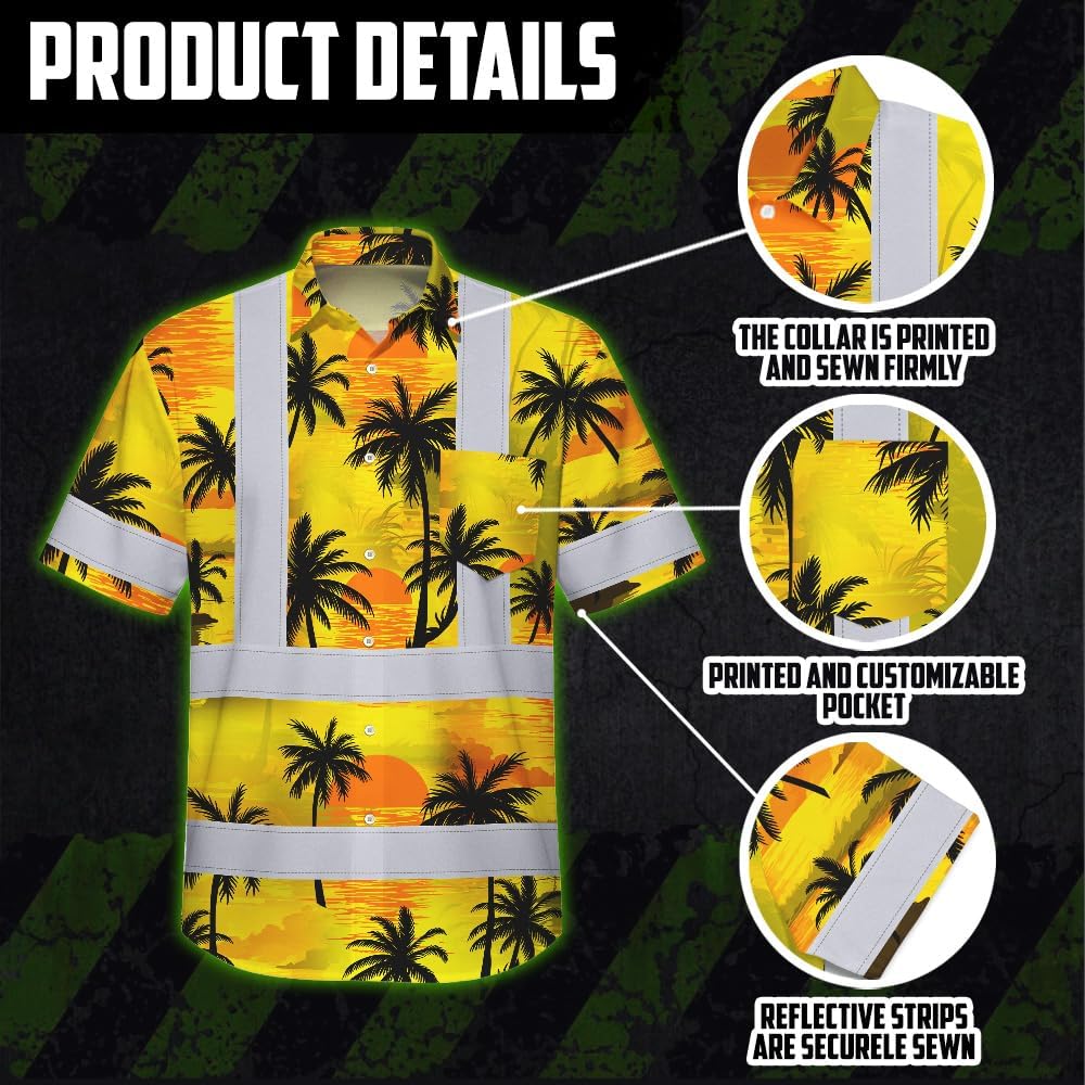 High Visibility Hawaiian Shirt for Men Tropical Shirts Custom Name Floral Outfit Reflective Safety Workwear