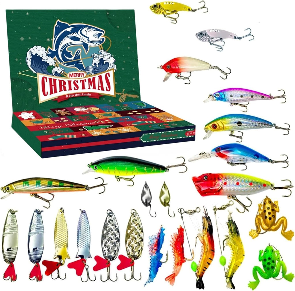 Advent Calendar Fishing Countdown 24 Days Fishing Lures Set for Fisher Adult Men Surprise Gift for Father, Grandpa