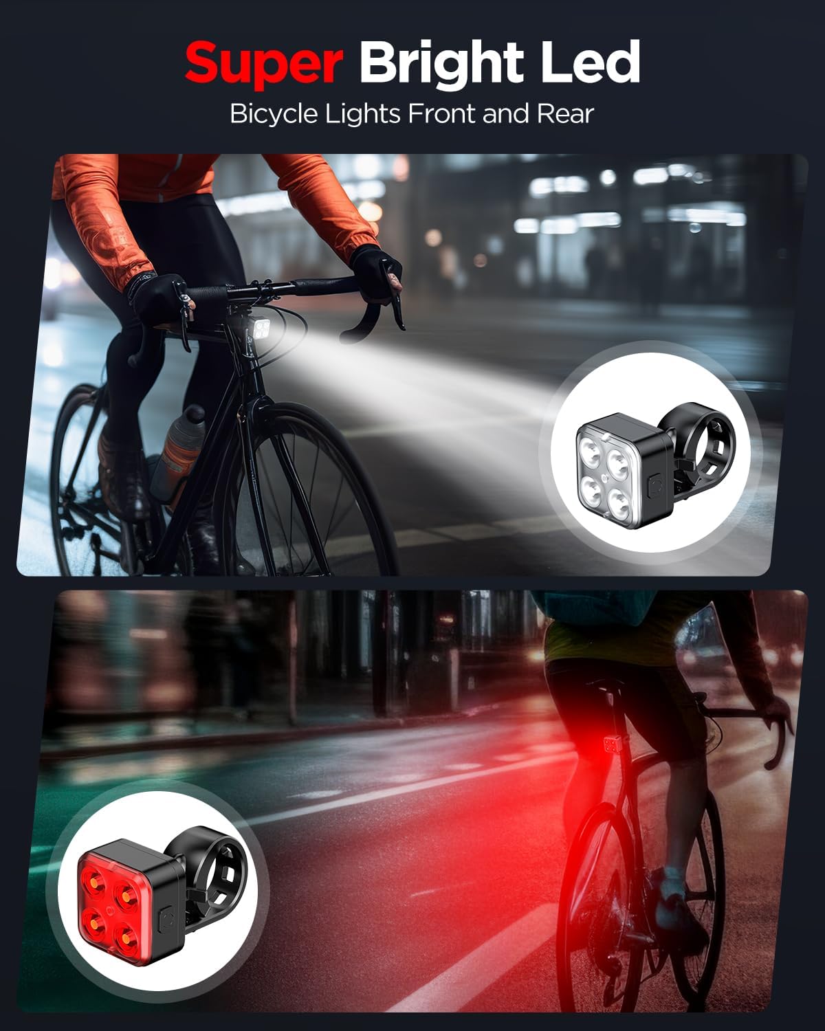 Akale Bike Lights Set, Rechargeable Bicycle Lights Front and Rear, 4 Light Mode Options, Bike Headlight, IPX4 Waterproof, Easy to Install for Men Women Road
