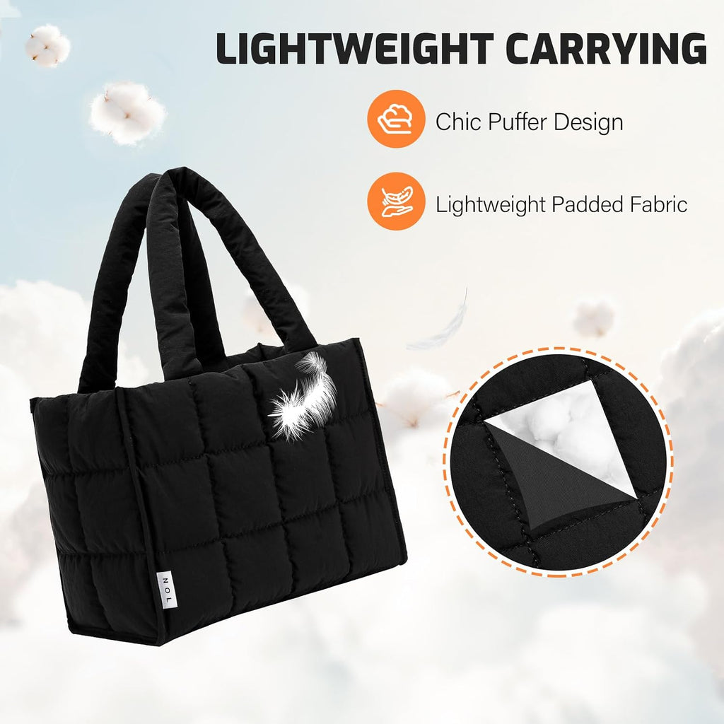 NOL Women's Nylon Lunch Cooler Quilted Tote Bag Puffy Insulated Lunch Bag for Women, Lightweight Waterproof Lunch Box for Work, Picnic, Outdoors,Black