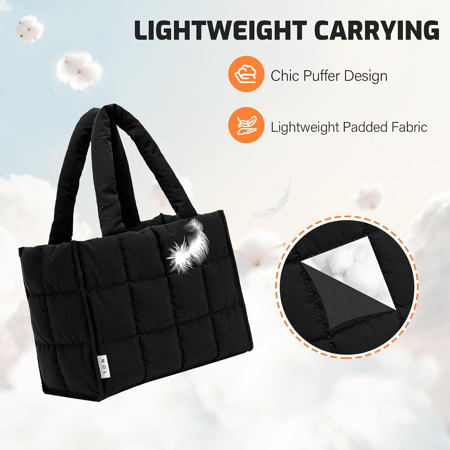 NOL Women's Nylon Lunch Cooler Quilted Tote Bag Puffy Insulated Lunch Bag for Women, Lightweight Waterproof Lunch Box for Work, Picnic, Outdoors,Black