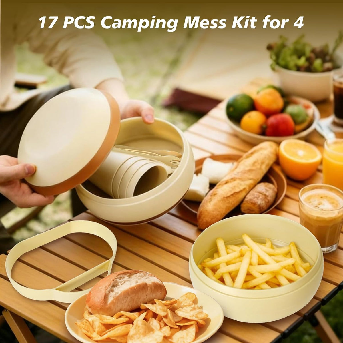 Camping Dishes Picnic Set, 17Pcs Plastic Dinnerware Dishes Sets for 4