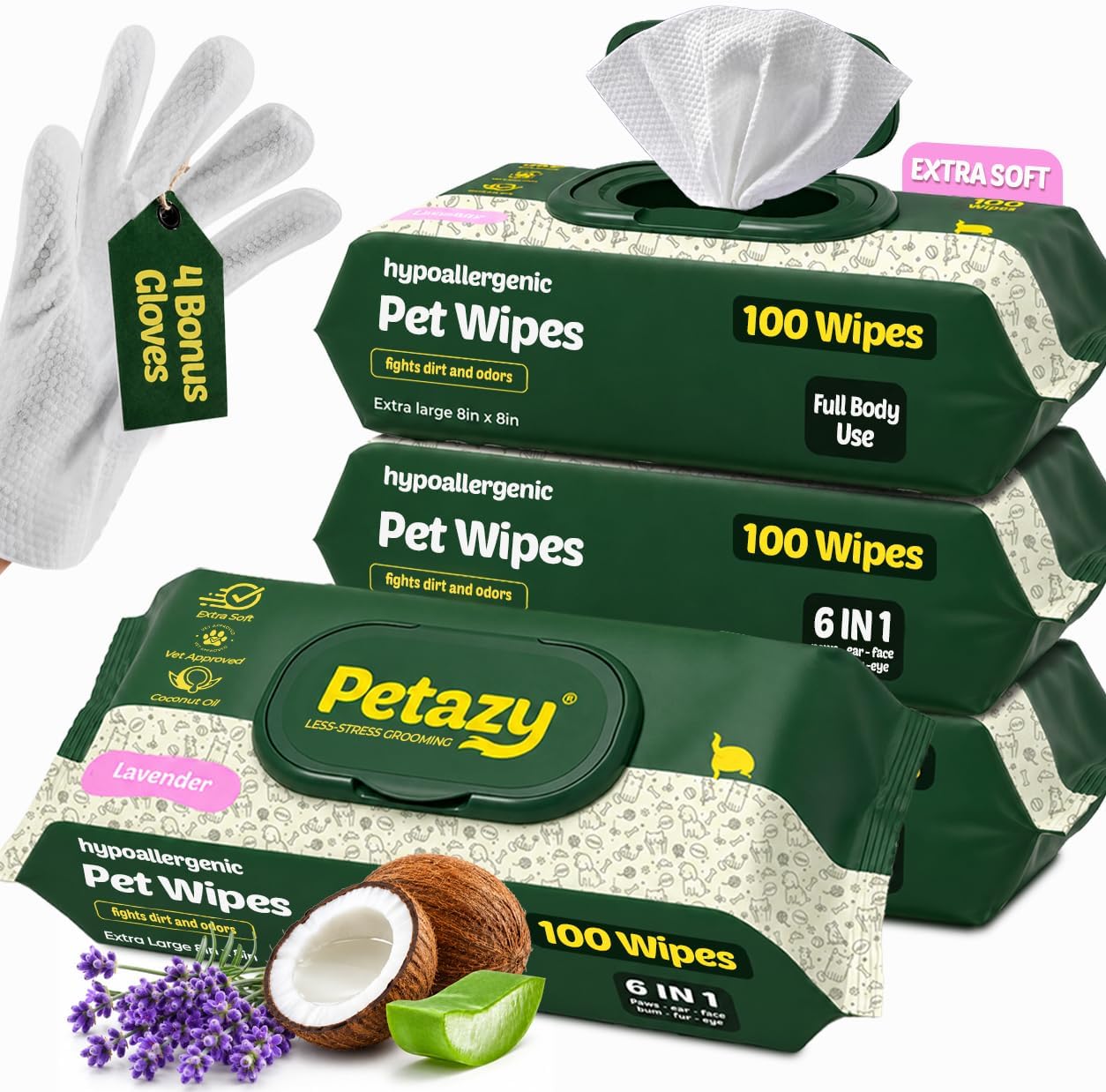 Petazy Pet Wipes for Dogs & Cats - Paws, Ears & Butt Cleaning, 400 Count