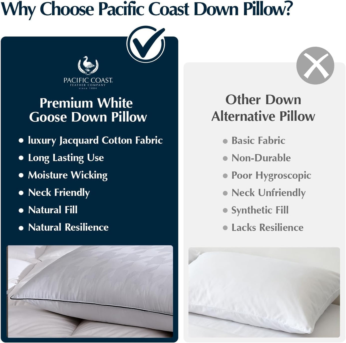 Pacific Coast White Goose Down Pillow, Soft Standard Pillow for Sleeping