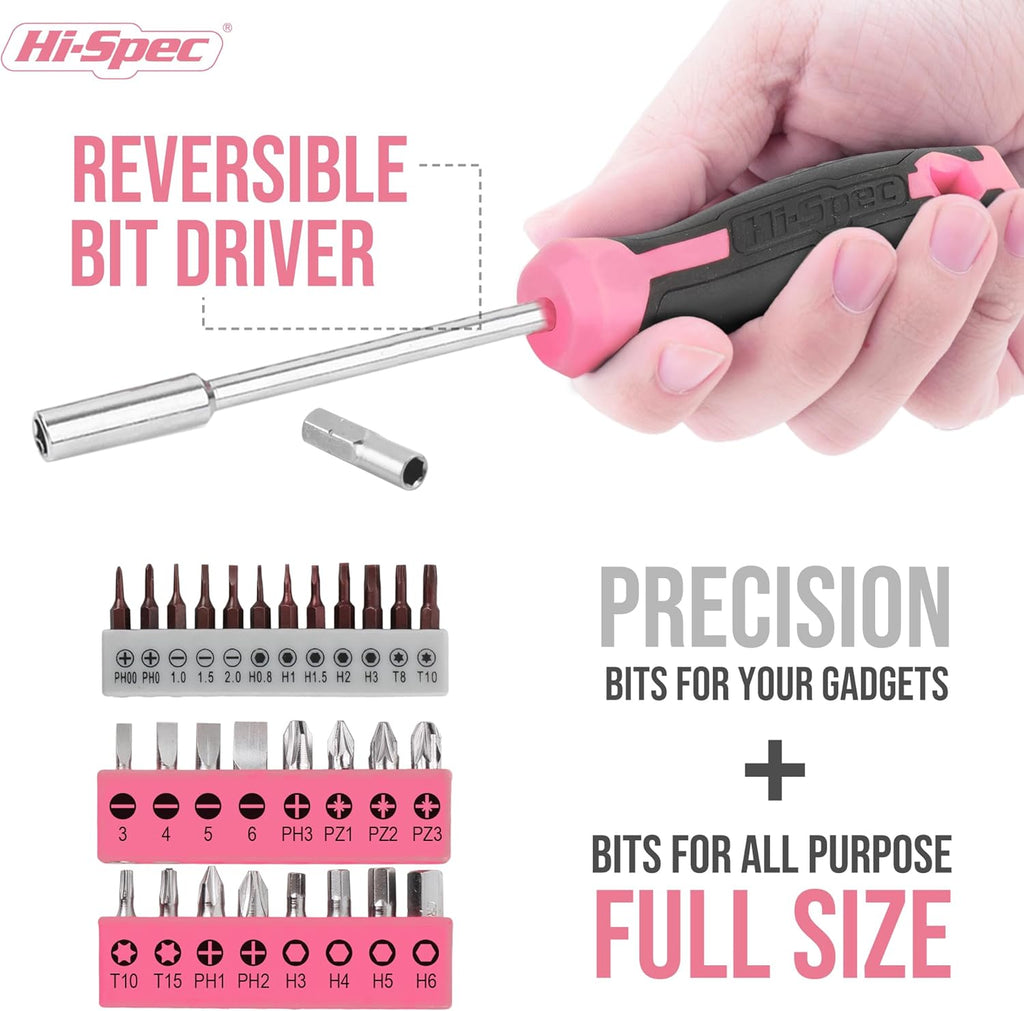 Hi-Spec Tool Kit, General Household Hand Tool Set with Toolbox Storage Case, All-in-One Compact Toolkit for DIY & Dorm Use, Pink