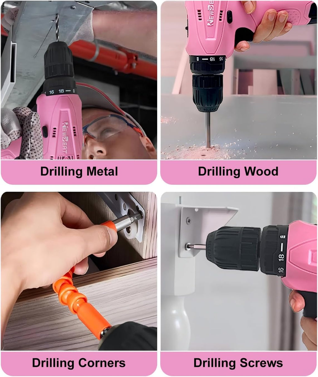 12V Cordless Drill Set with 2 Battery, Pink Drill for Women