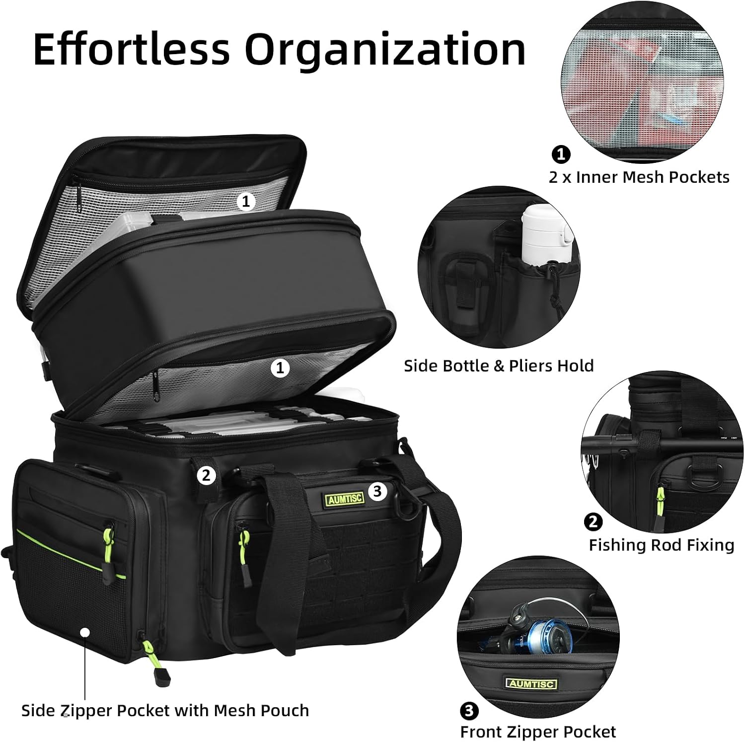 AUMTISC Fishing Tackle Bags for 3500/3600 Trays, Expandable Tackle Box Organizer Gear Storage Bag, with Rod Holders, Detachable Shoulder Strap, Freshwater or Saltwater Fishing Accessories Bags
