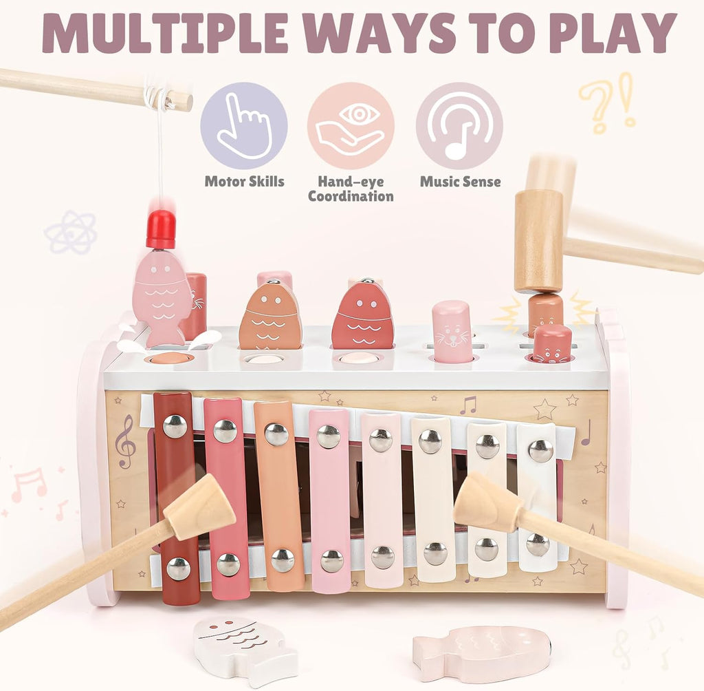 Joyreal Pink Wooden Montessori Toys for 1 Year Old Hammering Pounding Toys