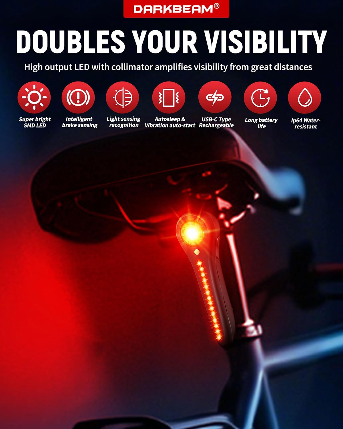 DARKBEAM Bike Tail Light Smart- with Brake/Light Sensor, USB-C Rechargeable