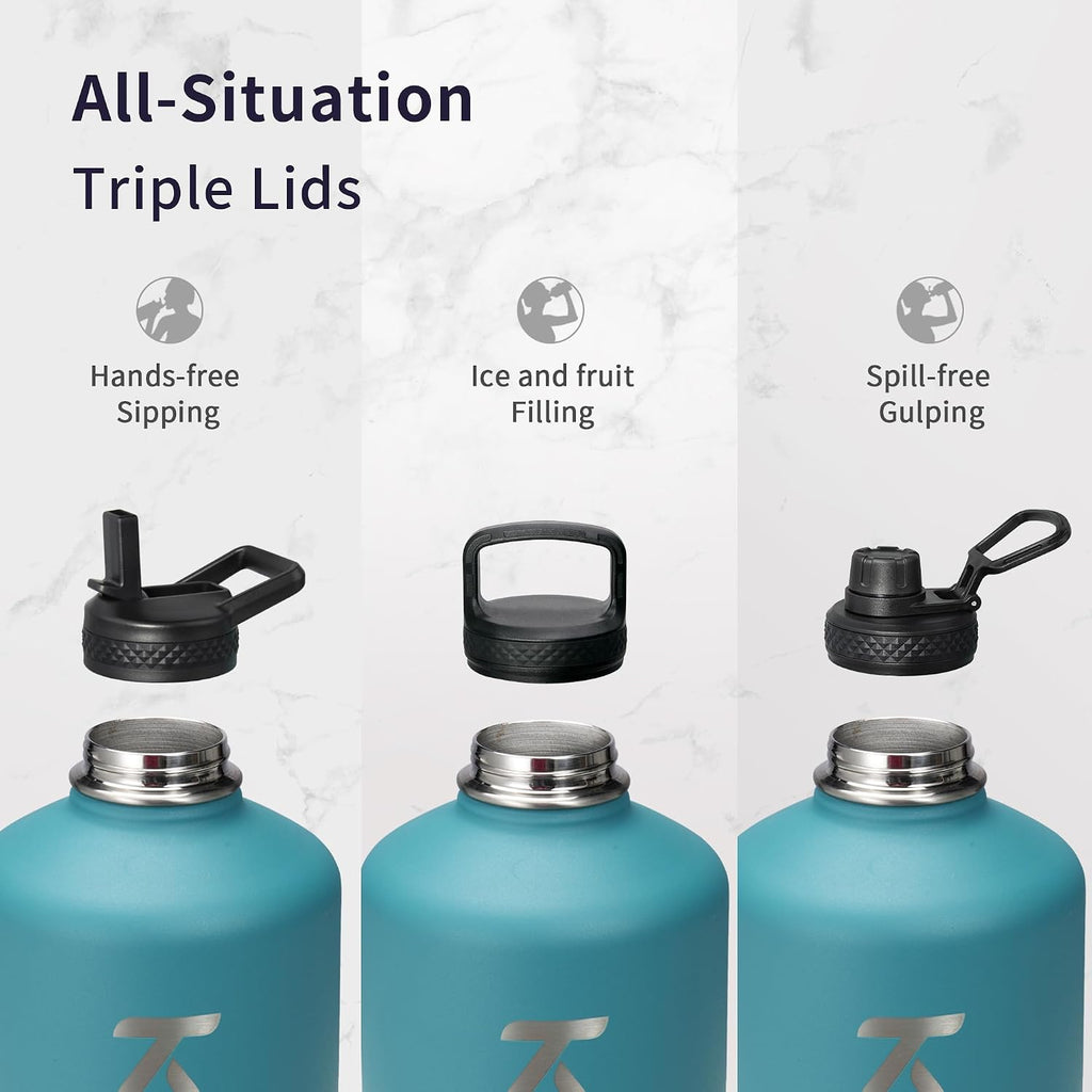 Trebo One Gallon Water Bottle Insulated with 3 Lids, Paracord Handle & Bag