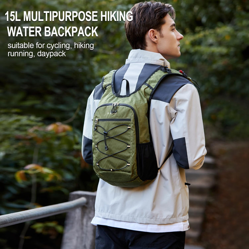 BOVIP Lightweight Hydration Back,15L Multipurpose Hiking Backpack with 1.5L Water Bladder ,Hydro Water Daypack for Cycling Hiking Rave for Men Women