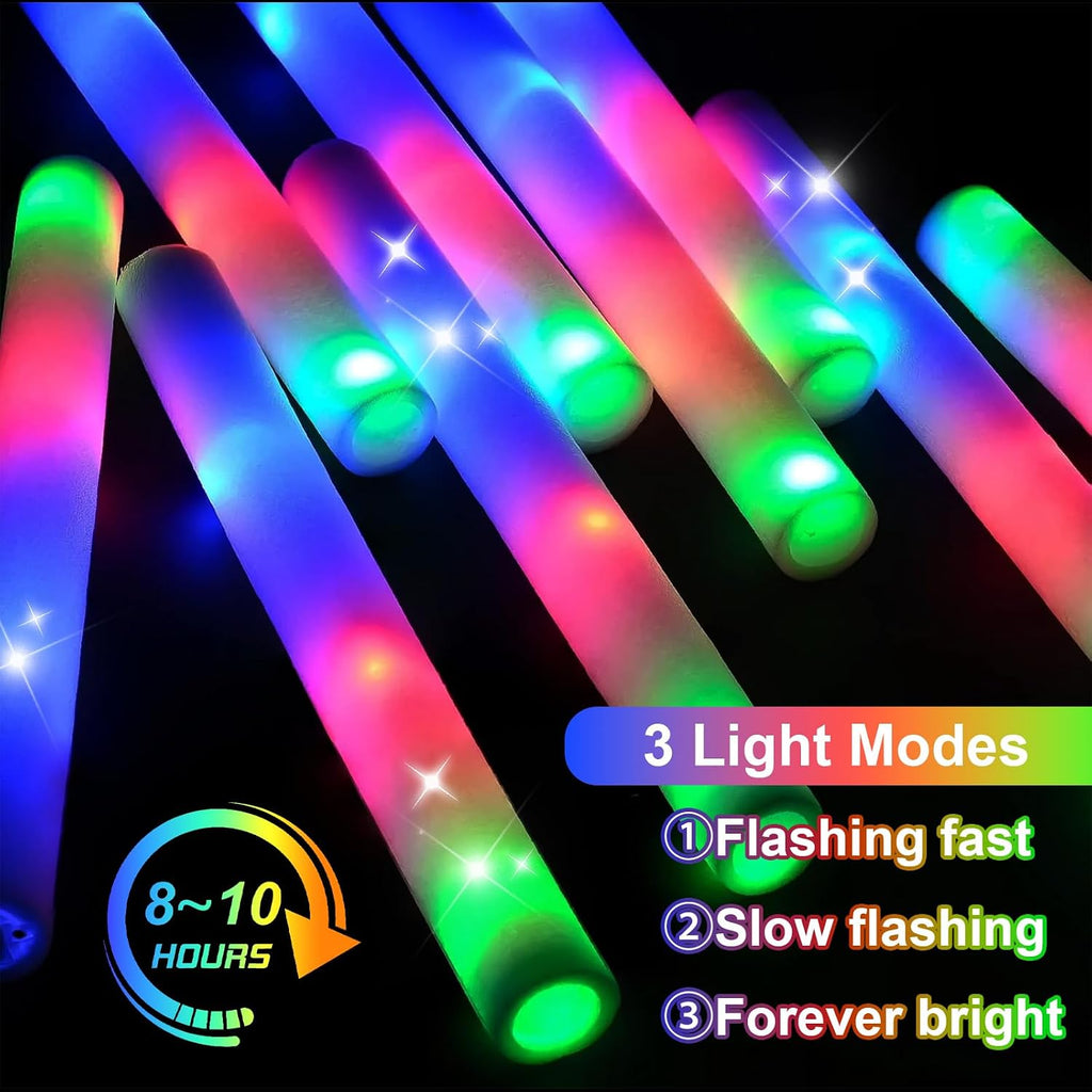 EXCECAR Foam Glow Sticks, 50 Pcs LED Foam Sticks with 3 Modes Colorful Flashing, Glowing in The Dark Party Supplies for Wedding Birthday Raves Concert Festivals Sporting Events