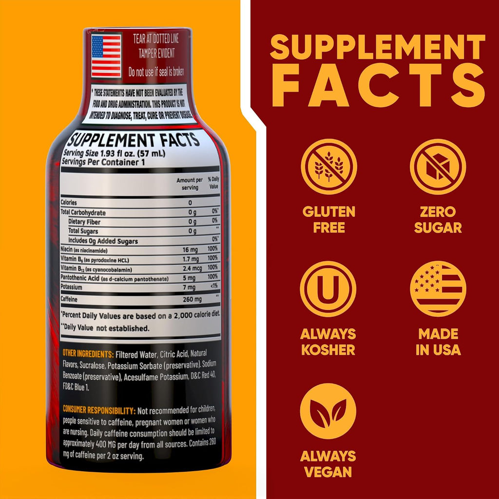 B12 Overload Extra Strength Energy Shot – Pomegranate – 260mg Caffeine, 14000% B12, Electrolytes – Energy & Vitality Support – Zero Sugar No Calories – Vegan, Kosher, Gluten-Free – 1.93 fl oz, 24-Pack