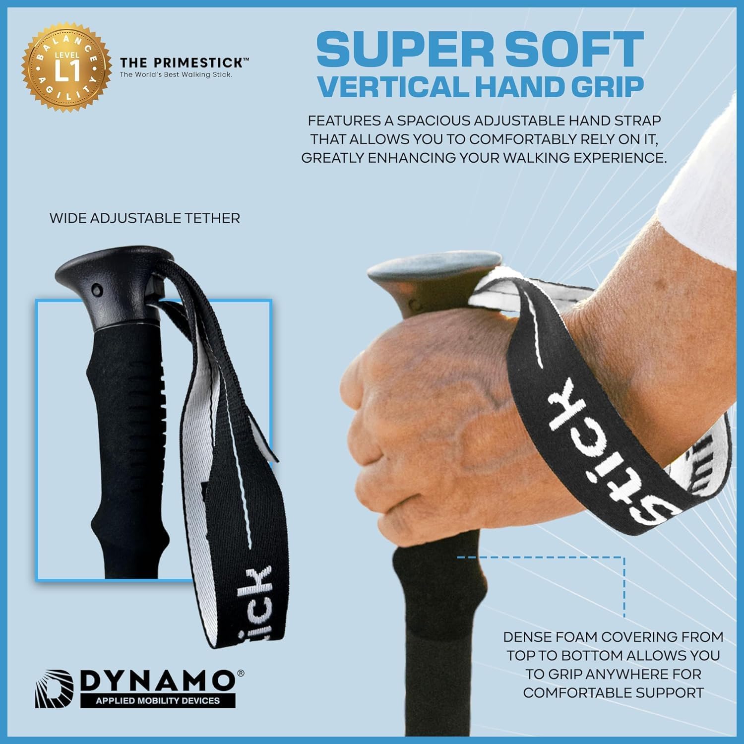 Dynamo - Prime Stick - 3-in-1 Cane - Vertical Balance-Posture Cane, Walking Stick, Trekking Pole, A Durable Foam Grip, Hand Tether, Lightweight, Twist Adjustable, Hiking, Stability Stick - Purple