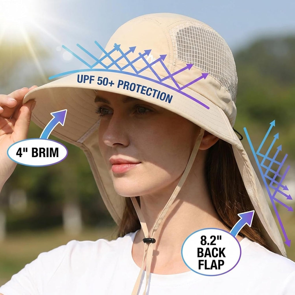 UV Sun Protection Hat Women Foldable Neck Flap Wide Brim Fishing Hat with Ponytail Hole for Women
