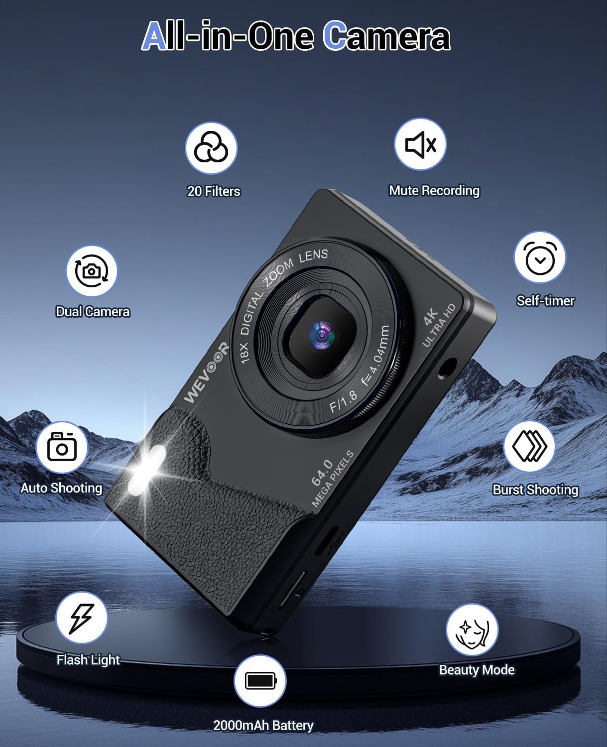 4K Digital Camera for Photography- 64MP Autofocus Vlogging Camera with Dual Lens, 18X Digital Zoom- Small Point and Shoot Camera with Card and 2000mAh for YouTube, Travel, Beginners (Black)