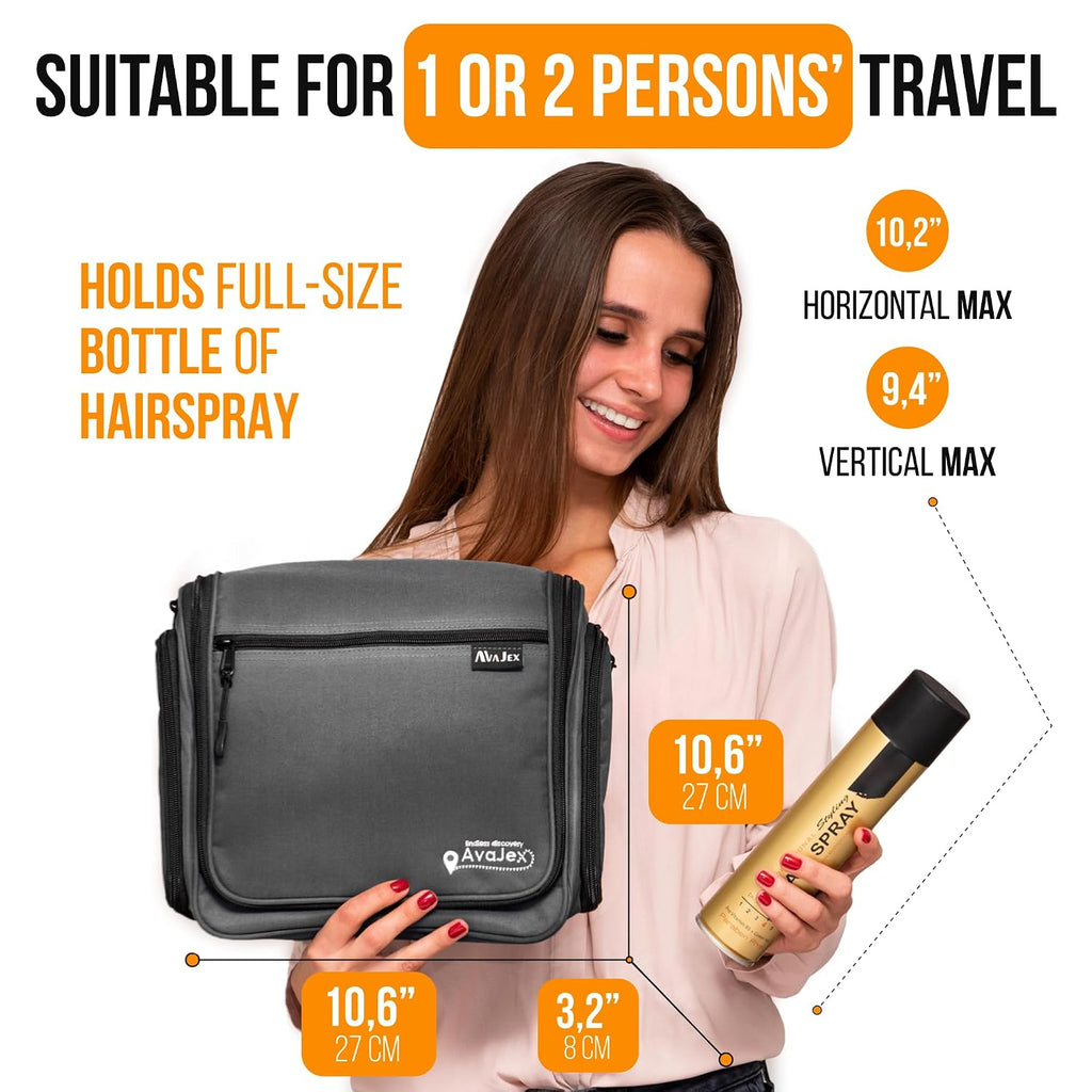 Travel Toiletry Bag for Men and Women - (10.6”x10.6”x3.2”) Large Hanging Toiletry Organizer - Waterproof Hygiene Bag with Metal XXL Swivel Hook, with Sturdy Zippers and 19 Compartments for Toiletries