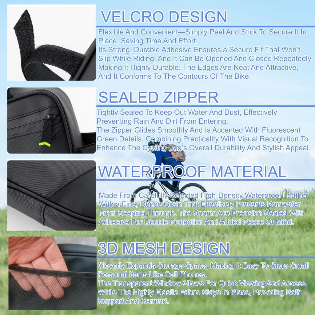 Bicycle frame bag, crossbar triangle bag, top tube bag; features a reflective triangular design and side mesh pockets; waterproof storage and tool bag for mountain and road bikes