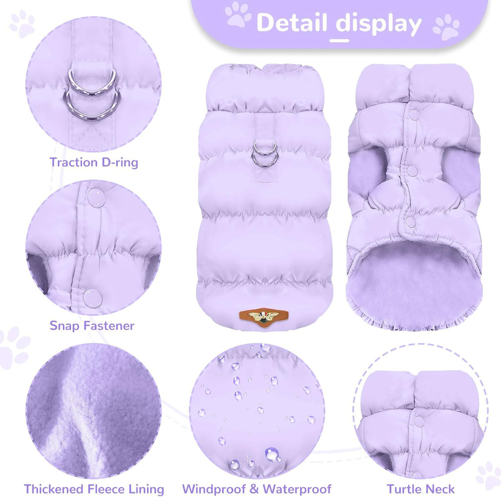 ABRRLO Winter Warm Dog Jacket for Small Medium Dogs Cat Cold Weather Coats with Harness Paded Dog Fleece Vest Waterproof Windproof Dogs Snow Jacket Pet Puppy Clothes (Purple,L)