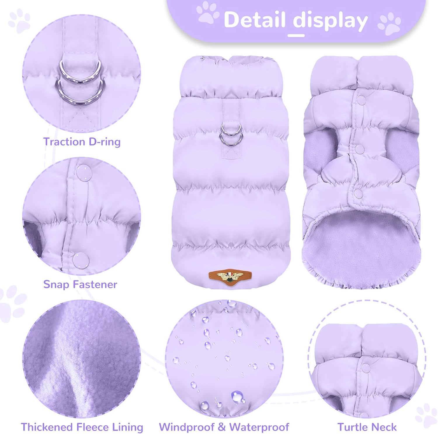 ABRRLO Winter Warm Dog Jacket for Small Medium Dogs Cat Cold Weather Coats with Harness Paded Dog Fleece Vest Waterproof Windproof Dogs Snow Jacket Pet Puppy Clothes (Purple,L)