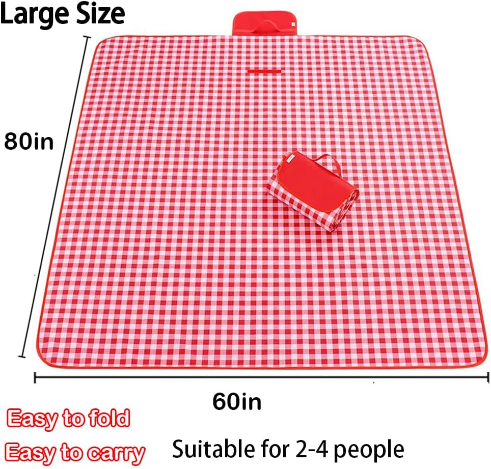 RUIBOLU Large Picnic Blankets,80x60in Beach Blanket Sandproof Beach Mat for 3-5 Adults Waterproof Quick Drying Outdoor Picnic Mat for Travel Camping Hiking(Red Plaids)