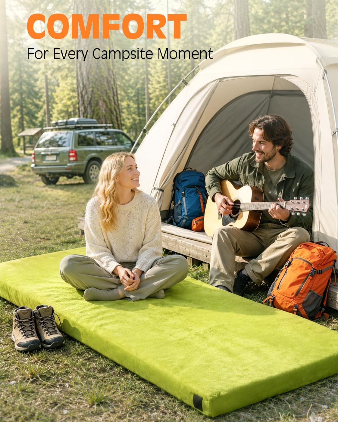 Memory Foam Camping Mattress, Extra Thick 4 Inch Dual Layer Sleeping Pad