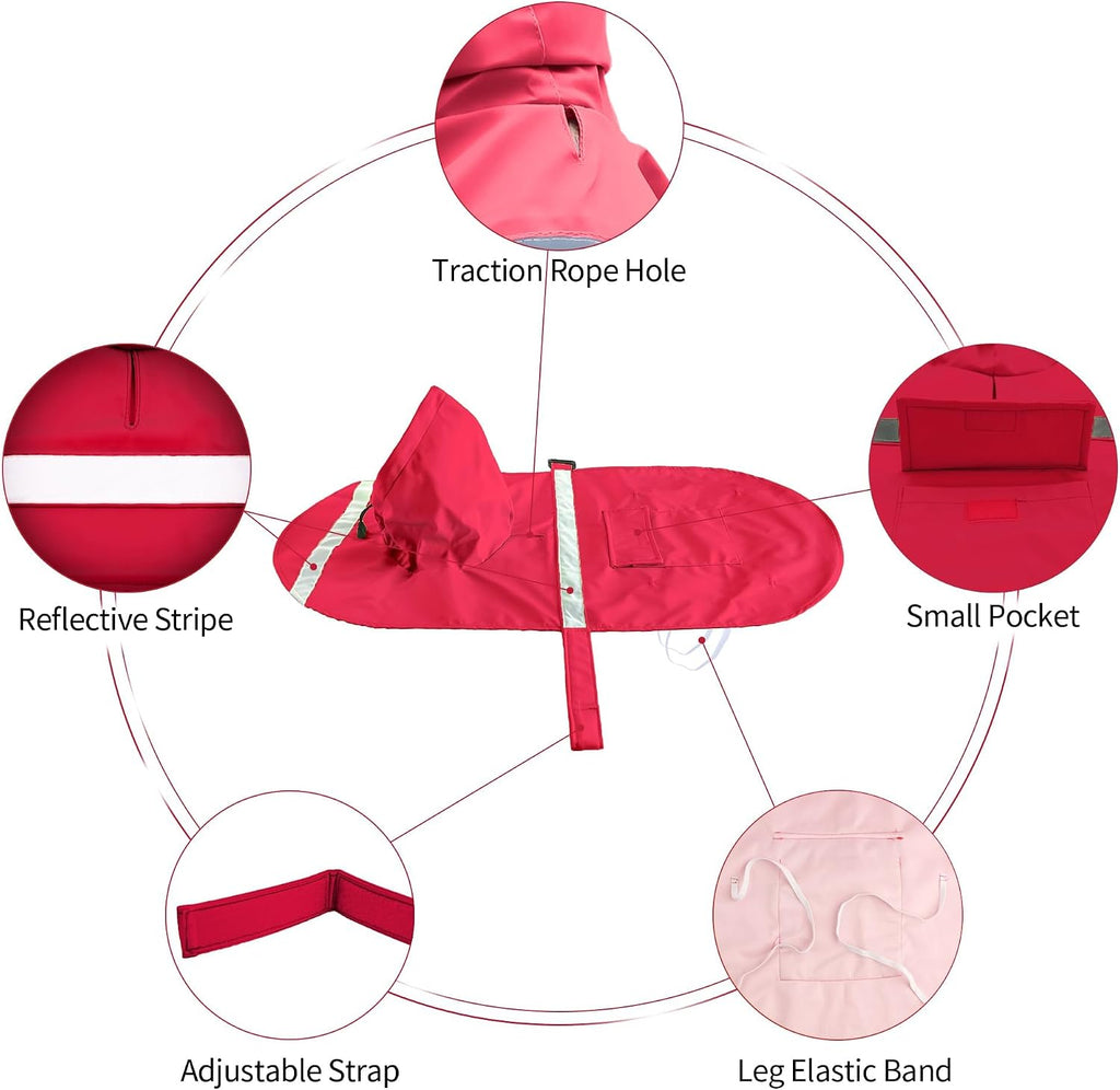 NACOCO Large Dog Raincoat Adjustable Pet Water Proof Clothes Lightweight Rain Jacket Poncho Hoodies with Strip Reflective (L, Red)