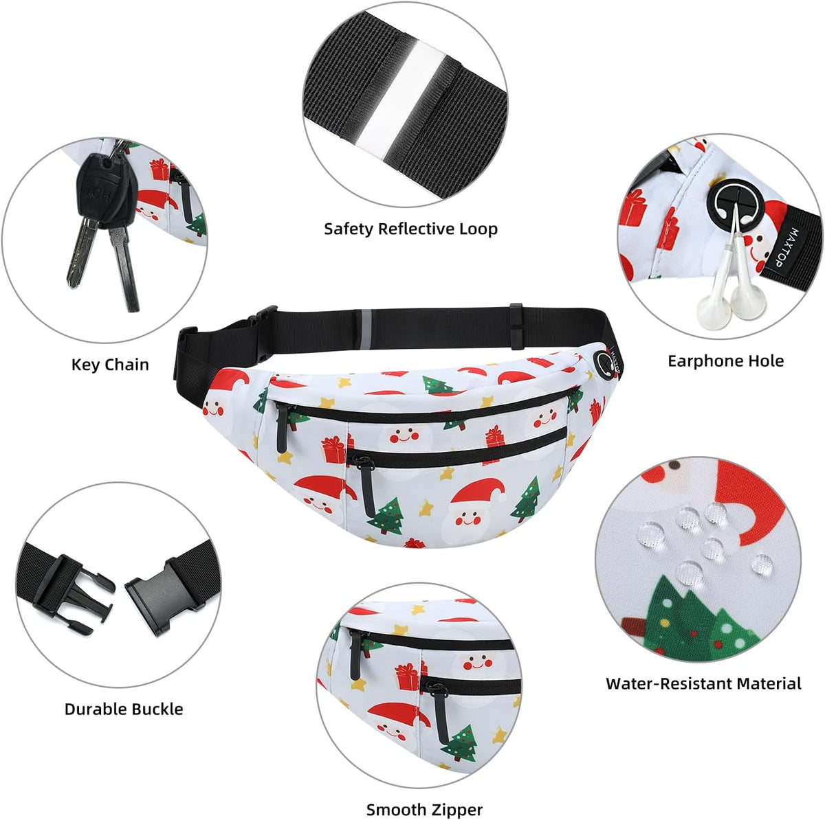 MAXTOP Large White Christmas Fanny Pack with 4-Zipper Pockets, Christmas Gifts for Enjoy Festival Sports Workout Traveling Running Casual Hands-Free Waist Pack Crossbody Phone Bag Carrying All Phones