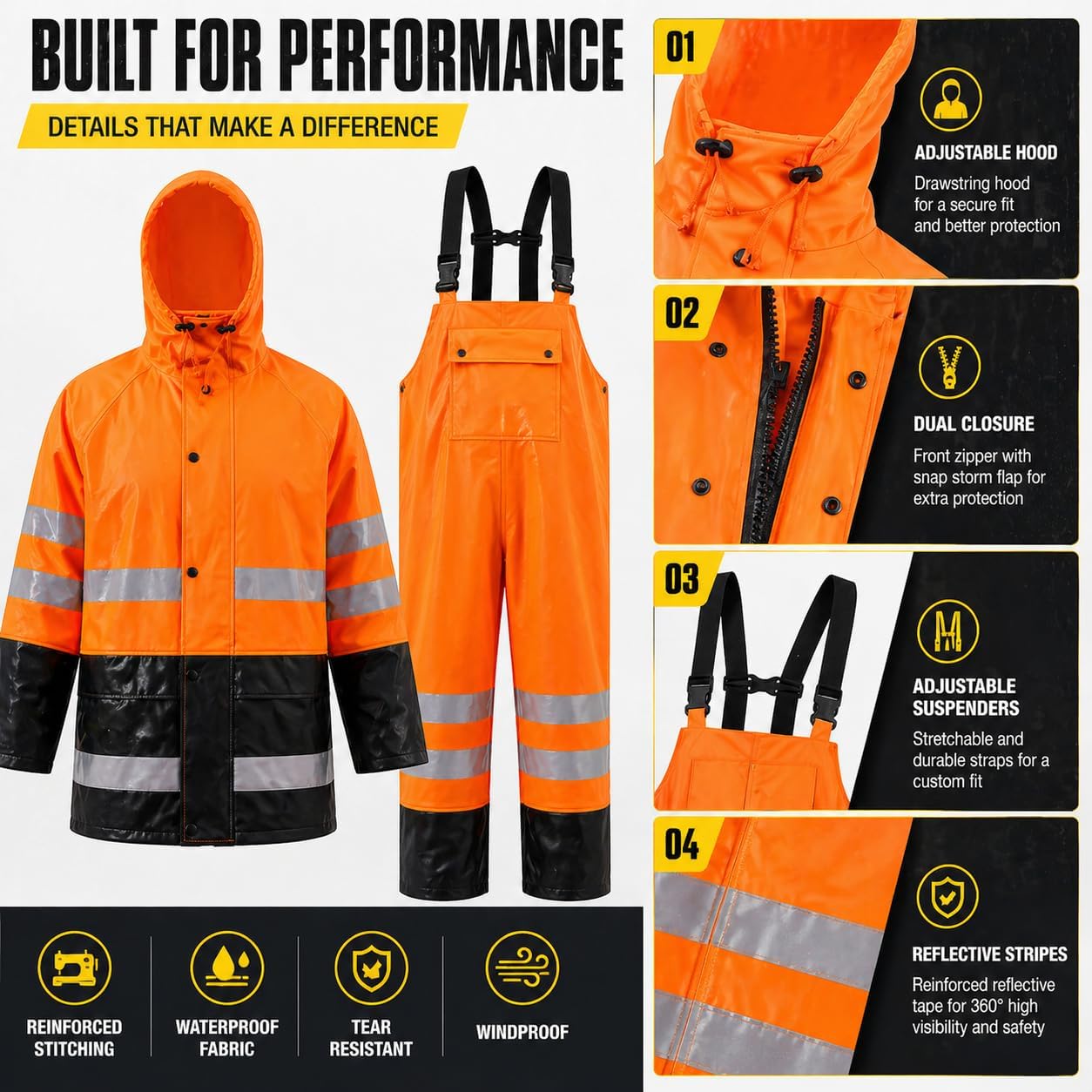 Rain Suit For Men & Women Waterproof Heavy Duty Rain Gear Reflective Jacket for Fishing Outdoor Work Raincoats