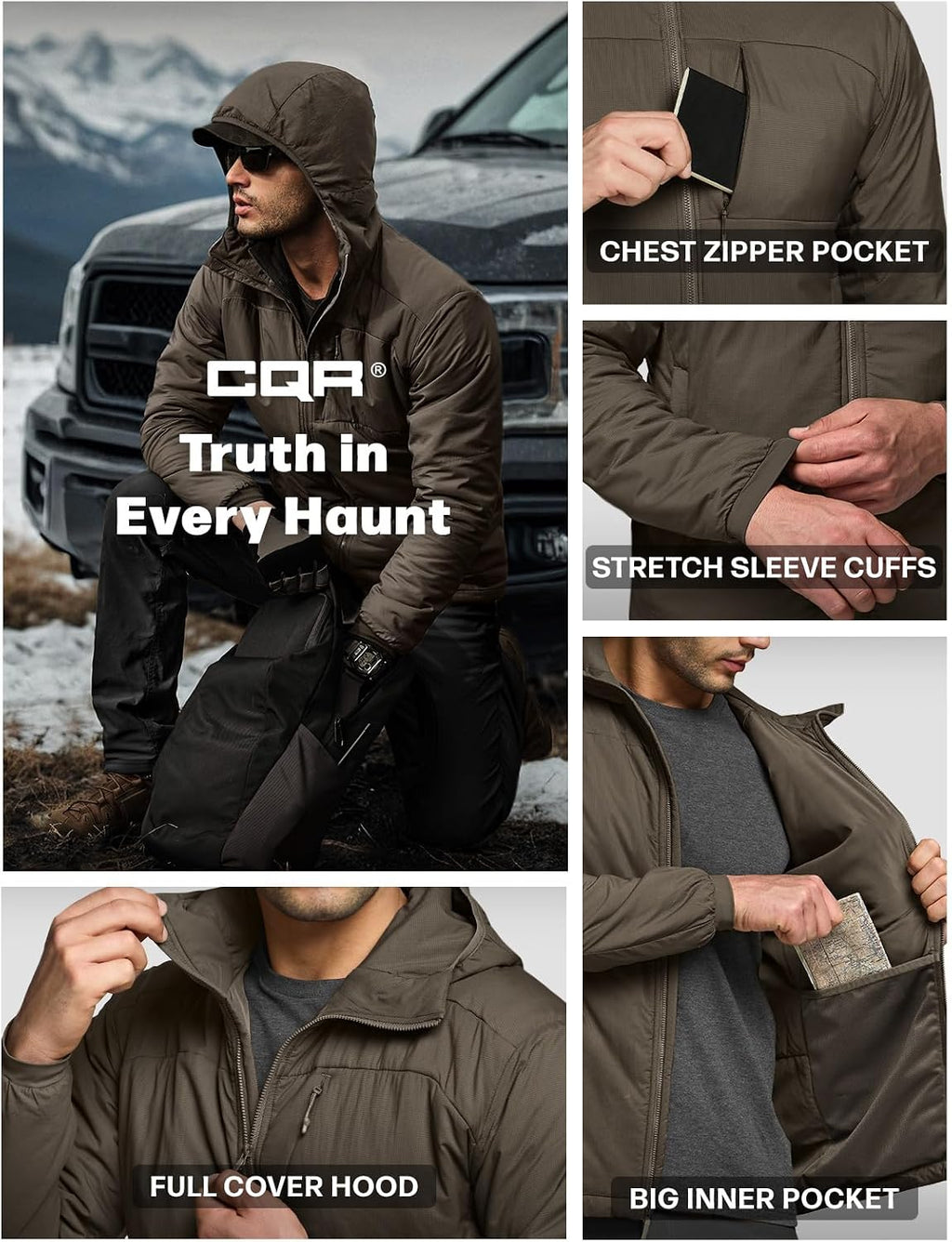 CQR Men's Lightweight Warm Insulated Jacket, Windproof Water Resistant Winter Active Coat for Hiking Work Outdoor Tactical