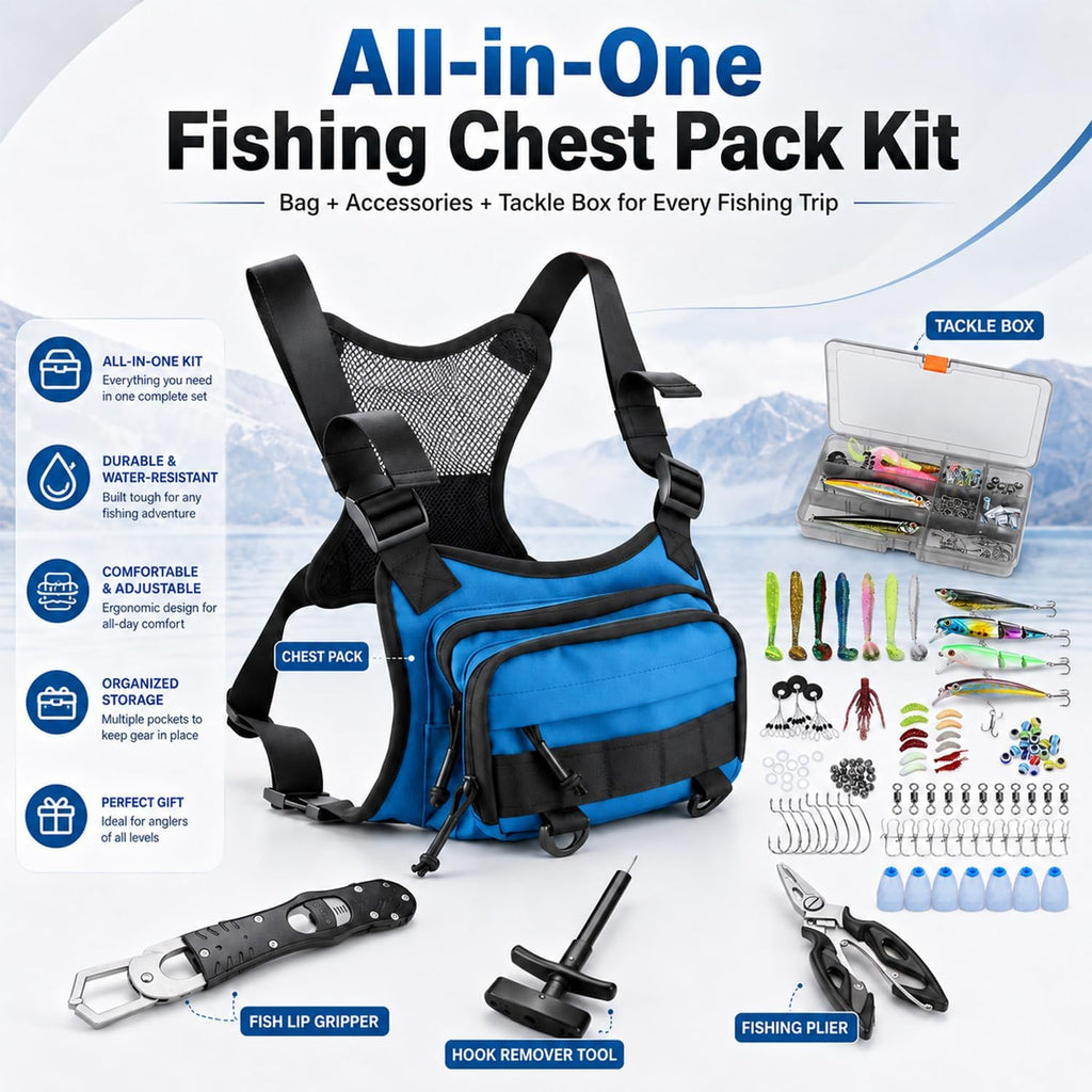 All in One Fishing Chest Pack Tackle Bag with Tackle Box, Fishing Lures Kit