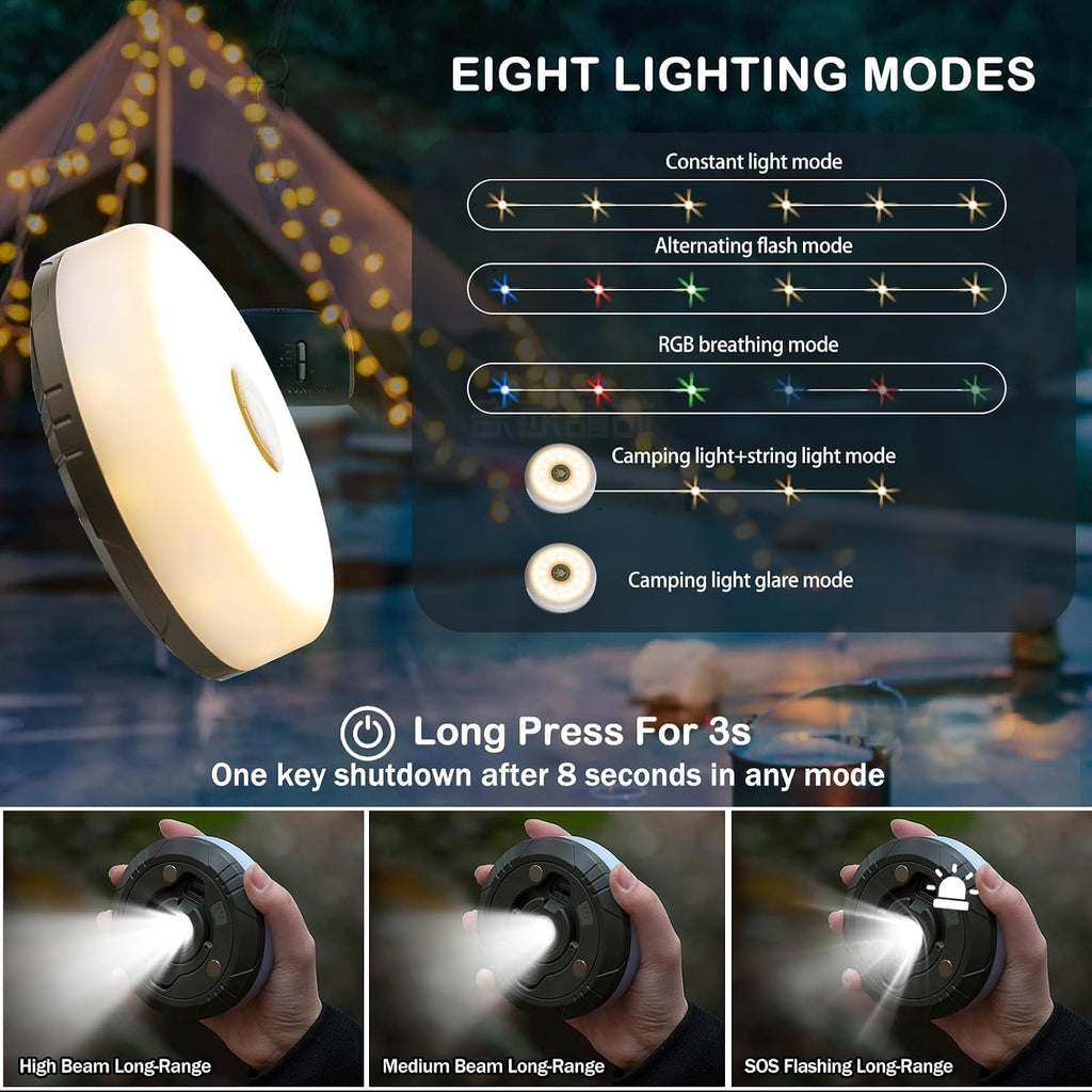 Sutaig 2-Pack Camping String Lights, 4 in 1 Outdoor Camping Lantern with 8 Lighting Modes(32.8Ft), Quick 30s Recovery, Waterproof, Type-C Fast Charging, Portable Lights for Camping/Yard/Hiking