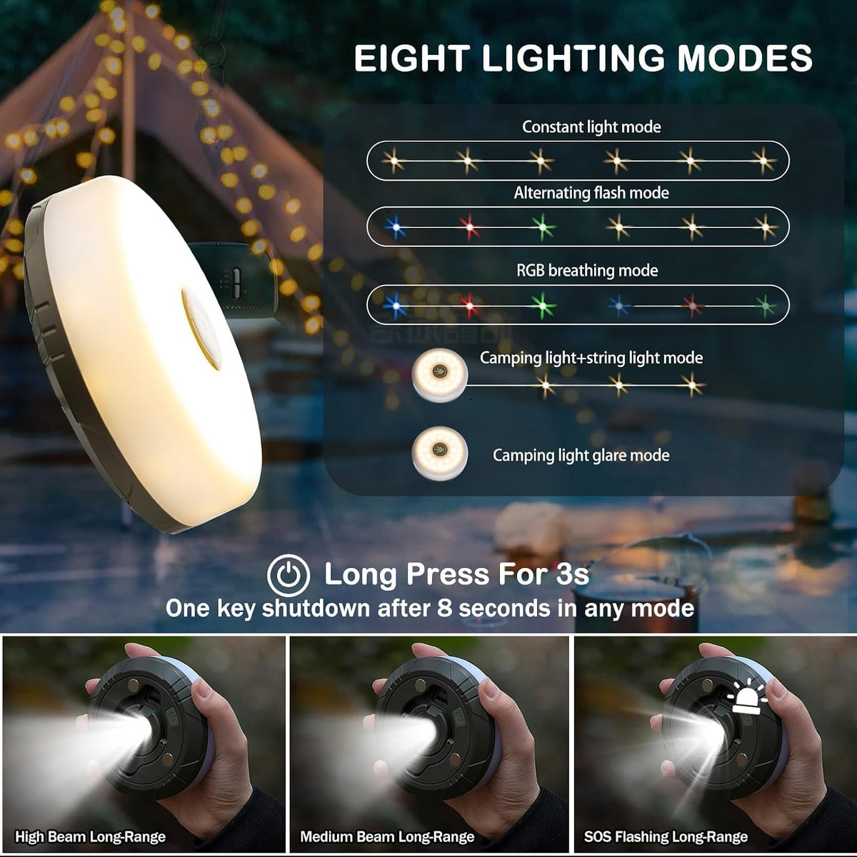 Sutaig 2-Pack Camping String Lights, 4 in 1 Outdoor Camping Lantern with 8 Lighting Modes(32.8Ft), Quick 30s Recovery, Waterproof, Type-C Fast Charging, Portable Lights for Camping/Yard/Hiking