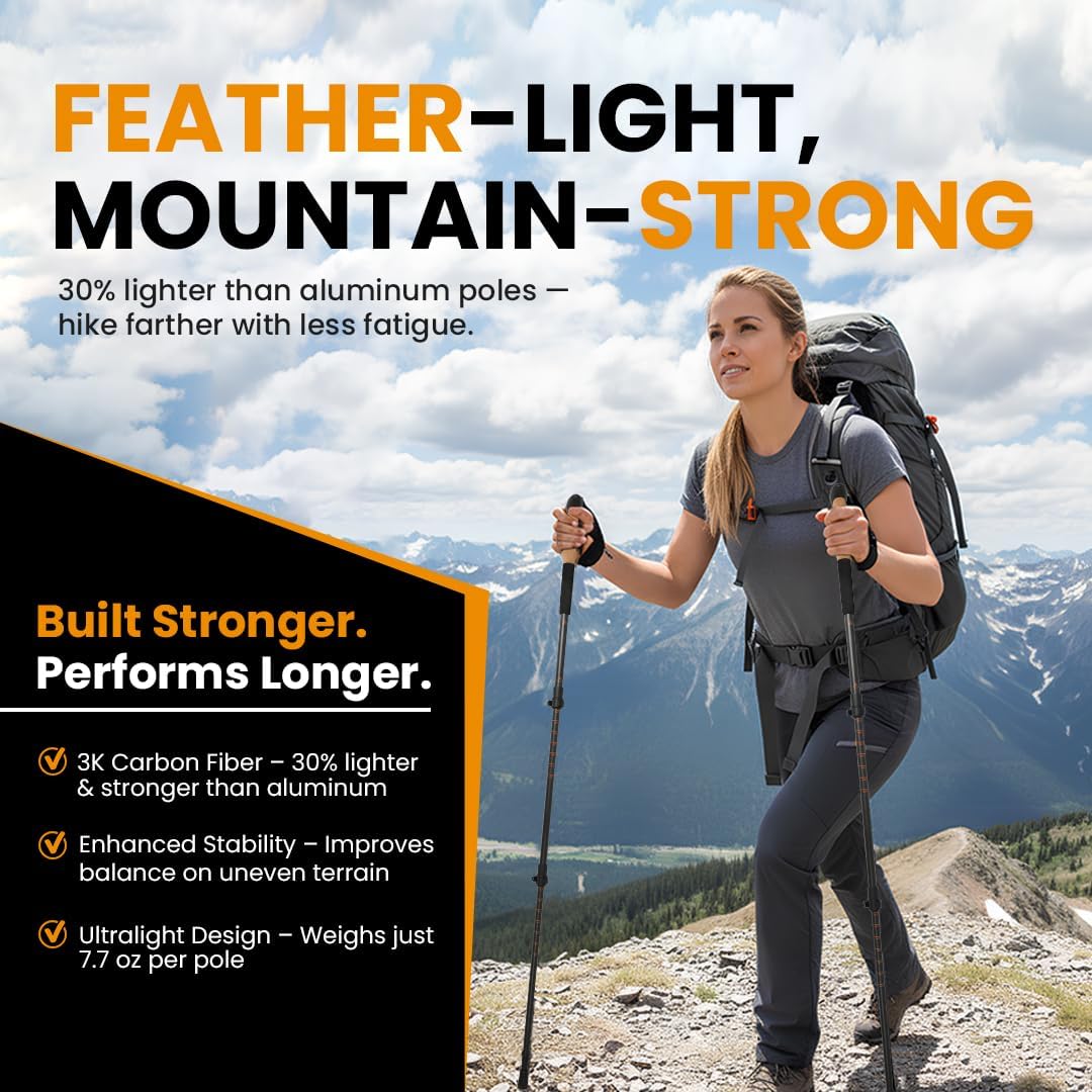 3K Carbon Fiber Hiking & Trekking Poles, Collapsible Lightweight