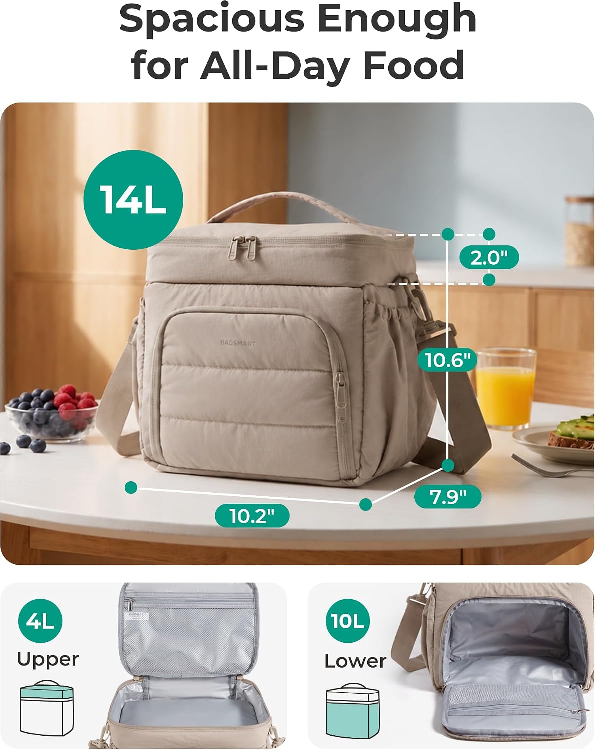 BAGSMART Puffy Insulated Lunch Bag, Lightweight Large 14L Double Deck Black