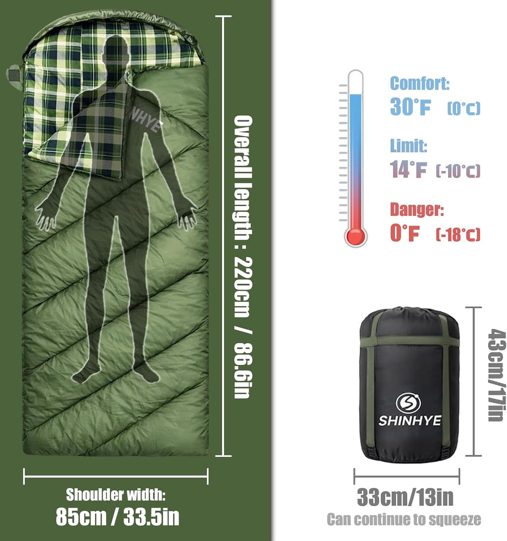 ShinHye 0 Degree Sleeping Bag for Adults - Cotton Flannel 4 Season Cold Weather Winter, XXL Big and Tall Camping Sleeping Bag with Compression Sack