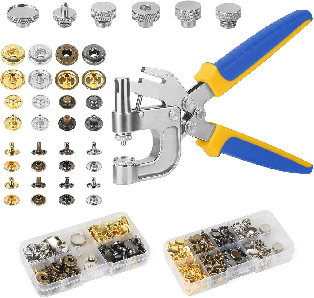 Leather Rivets Snap Buttons and Fasteners Kit - 40 Set 15MM Button Snap & 160 Set Rivets with Tool for Leather - 4 Colors Metal Snaps Rivet for Fabric Repair and Crafts, Jeans Wears, Jackets