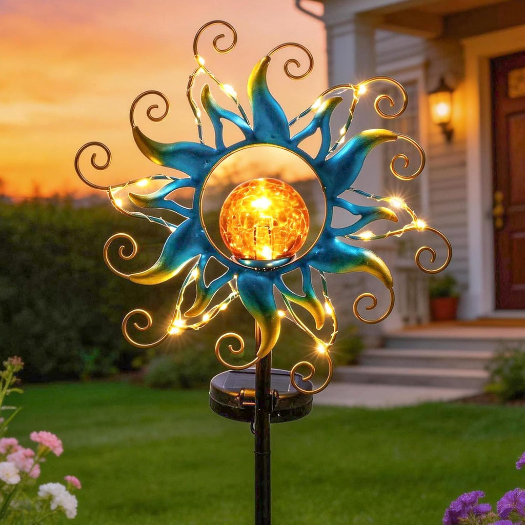 Solar Lights Outdoor Garden Decor, Blue Metal Sun Crackle Glass Globe Stake Waterproof 30LED Decorations Unique Gifts for Women,Mom,Outside, Patio,Lawn,Yard,Pathway