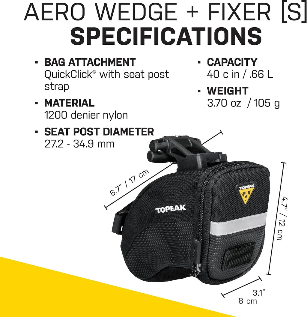 Topeak Aero Wedge Pack with Fixer F25 (Small), Compact Aerodynamic Bike Saddle Bag with QuickClick Mount, Durable 1000D Nylon, Reflective Strip, Safety Light Clip