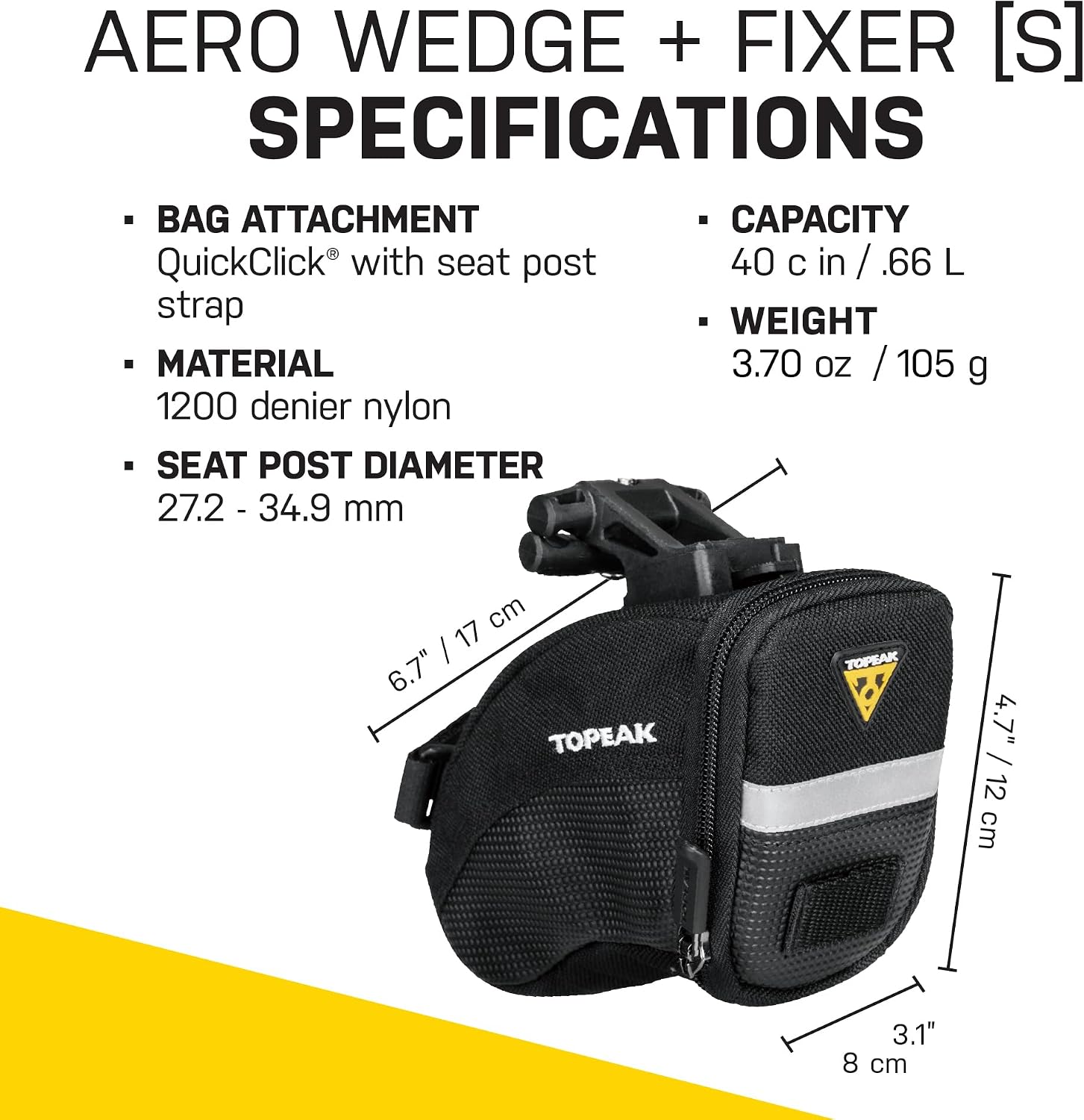 Topeak Aero Wedge Pack with Fixer F25 (Small), Compact Aerodynamic Bike Saddle Bag with QuickClick Mount, Durable 1000D Nylon, Reflective Strip, Safety Light Clip